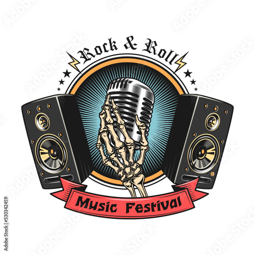 Emblem. Badge with guitars, microphone, subwoofer speakers and text. Vector illustration for festival poster, rock band label