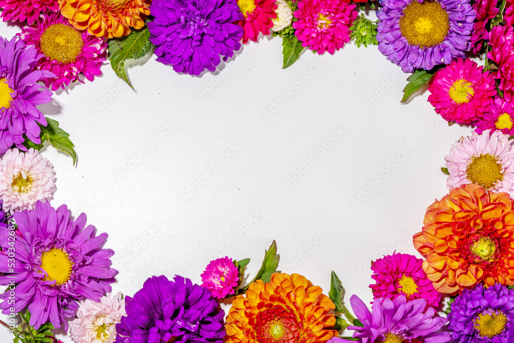 Fototapeta premium Autumn flowers flatlay background. Bouquet of colorful chrysanthemum, peonies (orange, purple, yellow, red) flowers on white background, frame border for greeting card top view copy space for text