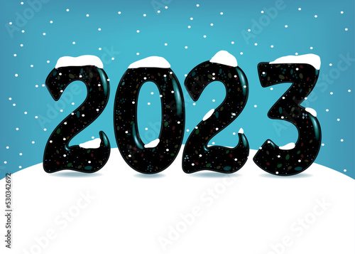 Black voluminous vigilant number 2023 with sparks on the big white snowdrift. Blue background as a sky with snowfall. Place for custom text. New Year Card. Vector Illustration