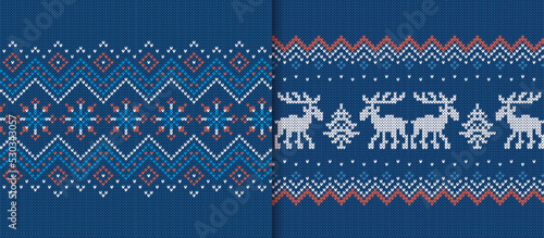 Christmas seamless borders. Knitted patterns. Set of blue knit textures. Xmas prints. Holiday ugly sweater. Fair isle traditional ornaments. Festive winter backgrounds. Vector illustration.