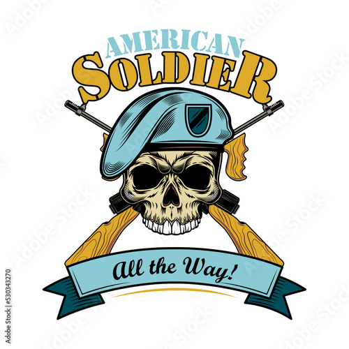 Army emblem. Label with skulls in pilot helmets or soldier hats, air force eagle wings, text and ribbons. Vector illustration