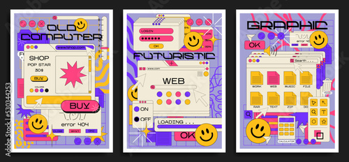Retro cartoon poster of web pages pc.old computer style. geometric frames in 90s memphis style. Set of user interface elements. Retro browser computer window. vector promo banner for design and print