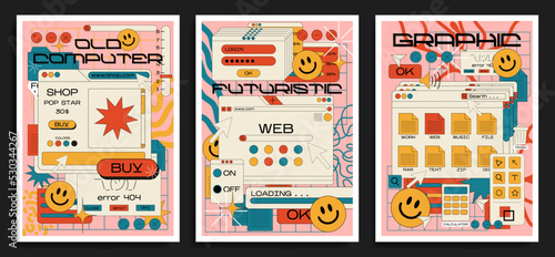 Retro cartoon poster of web pages pc.old computer style. geometric frames in 90s memphis style. Set of user interface elements. Retro browser computer window. vector promo banner for design and print