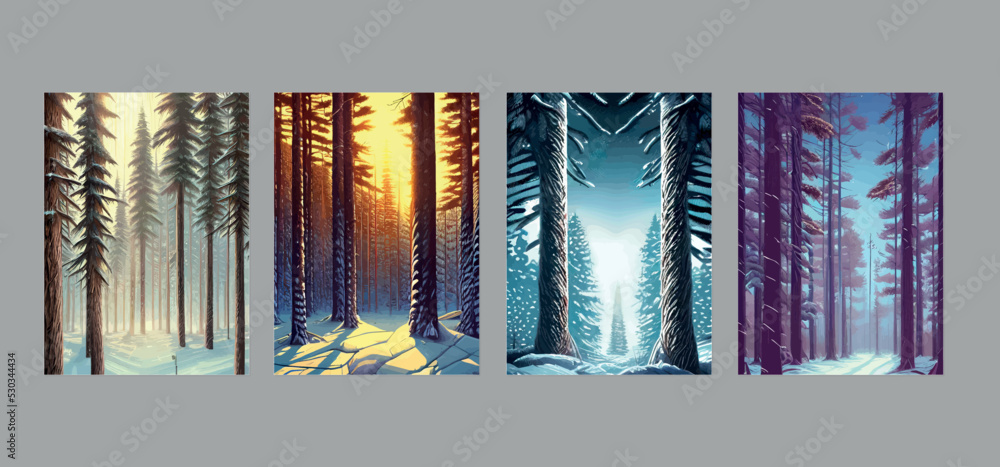 Vector blue landscape with silhouettes trees foggy forest. Snow falls ...