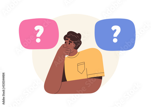 Puzzled confused person with concept questions. Man thinking, doubting, making choice, decision between two options, solving problem, deciding. Flat vector illustration isolated on white background