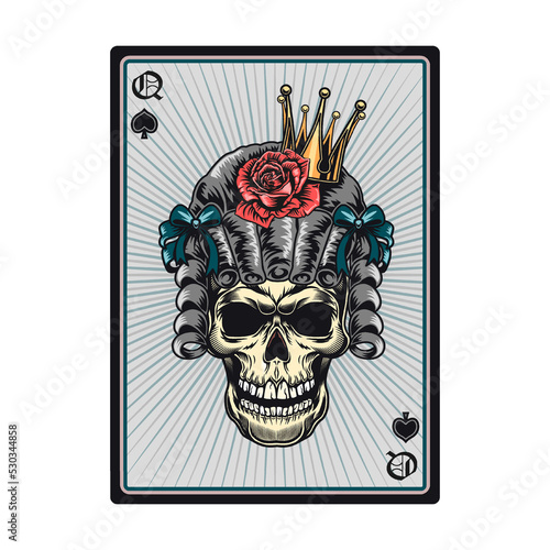 Playing card with skull. Queens ace of all suits. Vector illustrations collection for gambling, poker club, online game concept