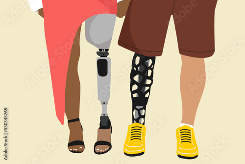 Multicultural People Prosthesis, Amputation, Inclusion. Concept of support and relationship. Flat Vector illustration.