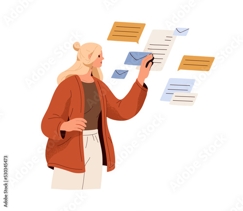 Employee receiving e-mail letters, business messages, documents. Office worker woman works with official papers, inbox emails, envelopes. Flat vector illustration isolated on white background