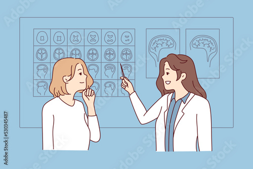 Woman doctor show images of brain to pensive female patient in hospital. Neurologist consult client in clinic. MRI examination and neurology. Vector illustration. 
