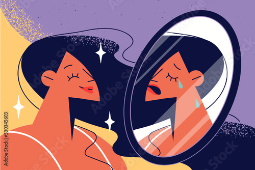 Woman look in mirror suffer from personality disorder 