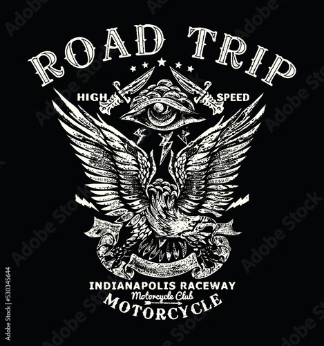 road trip logo.An American eagle on a motorcycle engine. This vector illustration is perfect for biker-themed shirt prints and many other uses as well.