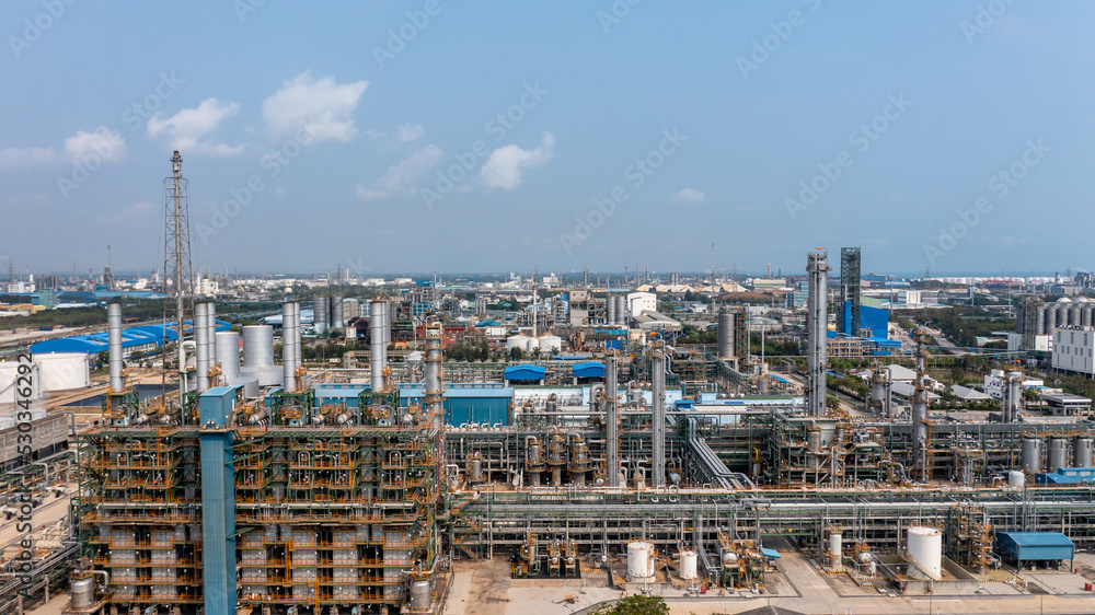 Aerial view chemical plant process area petroleum petorchemical product, Chemical industry plant in refinery with pipes and machine, Petrochemical industrial plant.
