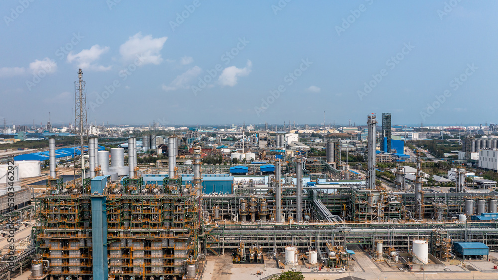 Aerial view chemical plant process area petroleum petorchemical product, Chemical industry plant in refinery with pipes and machine, Petrochemical industrial plant. Aerial view chemical plant process area petroleum petorchemical product, Chemical industry plant in refinery with pipes and machine, Petrochemical industrial plant.