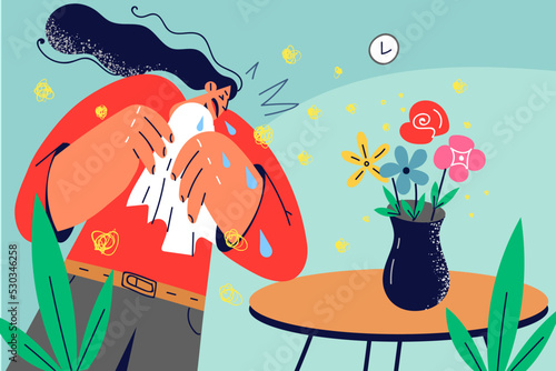 Unhealthy woman suffer from flowers allergy 