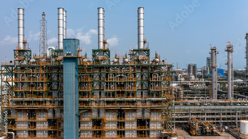 Aerial view chemical plant process area petroleum petorchemical product, Chemical industry plant in refinery with pipes and machine, Petrochemical industrial plant. © Darunrat