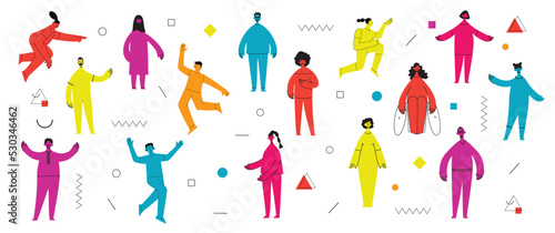 Young men and women with abstract geometric shapes. Team building and teamwork concept. Business partnership, cooperation and communication. Modern flat cartoon style.