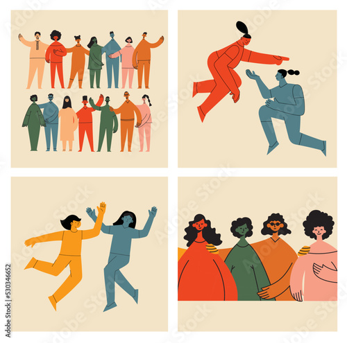 Women friendship group. Diverse female team standing together, holding hands, girls power, multinational sisterhood community vector illustration. Friendship group females, people diversity