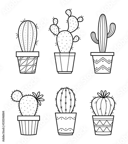 Collection of cacti in pots. Houseplants set in sketch doodle style. Design elements. Isolated vector illustration.