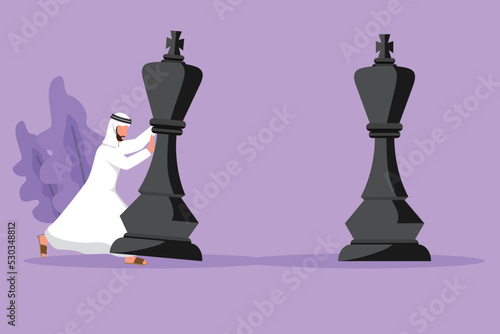 Cartoon flat style drawing Arabian businessman pushes big king chess pieces to beat opponent king. Business strategy and marketing plan. Strategic move in business. Graphic design vector illustration