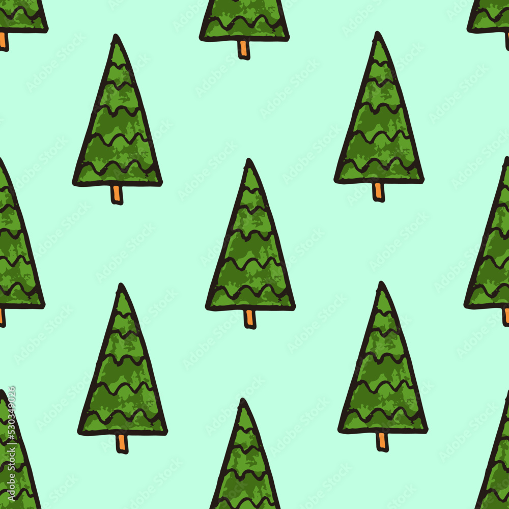 Fototapeta premium Seamless pattern with green pine trees and spruces, hand drawn on blue background