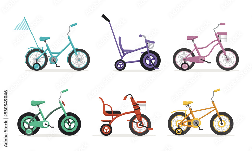 Bike and Bicycle for Little Kids with Different Frame Type Vector Set Bike and Bicycle for Little Kids with Different Frame Type Vector Set