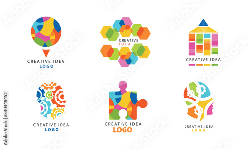 Creative Idea Logo with Bright Colored Head, Jigsaw Puzzle and Pencil Vector Set