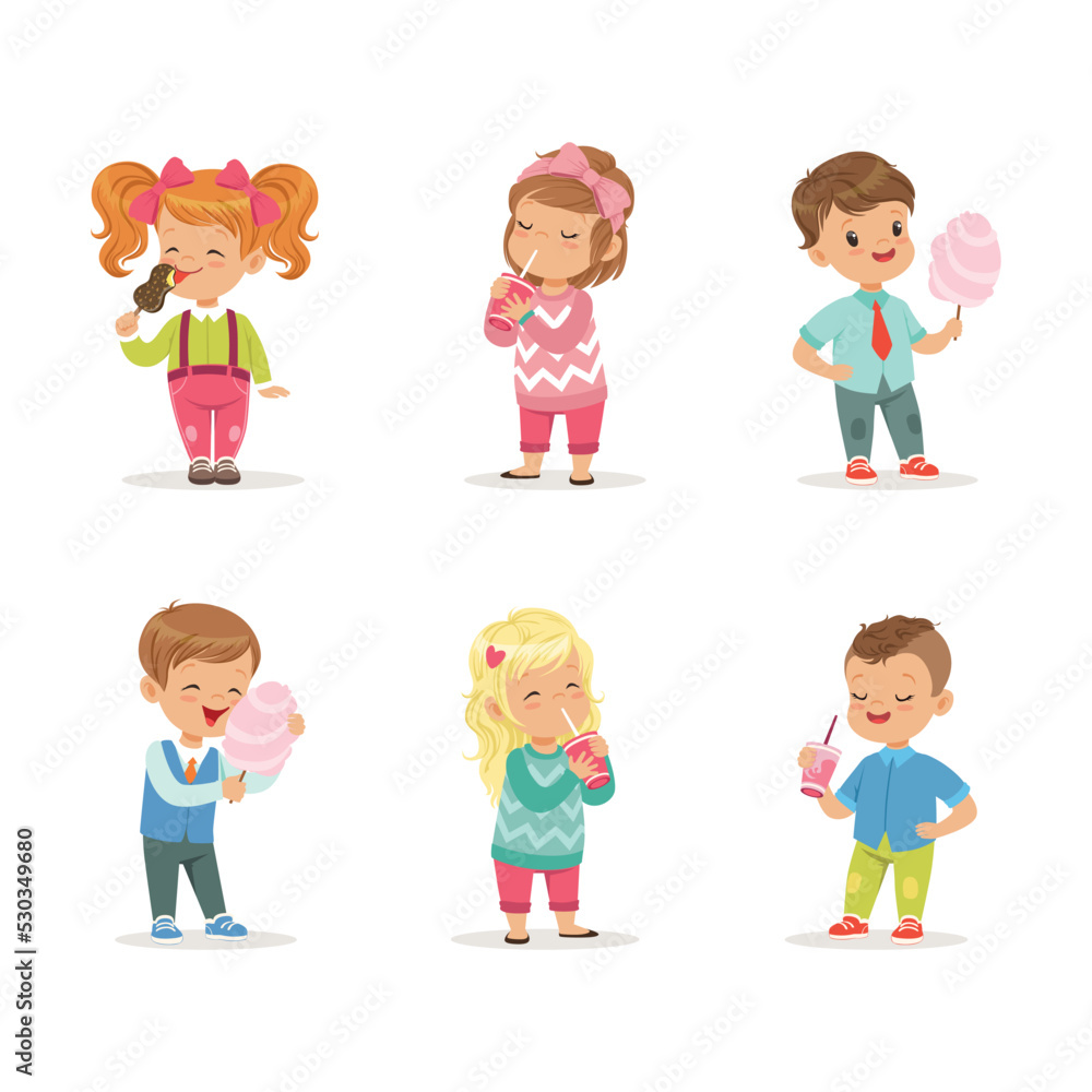 Little Kids Standing Eating Candy Floss, Ice Cream and Drinking Soda Vector Set Little Kids Standing Eating Candy Floss, Ice Cream and Drinking Soda Vector Set