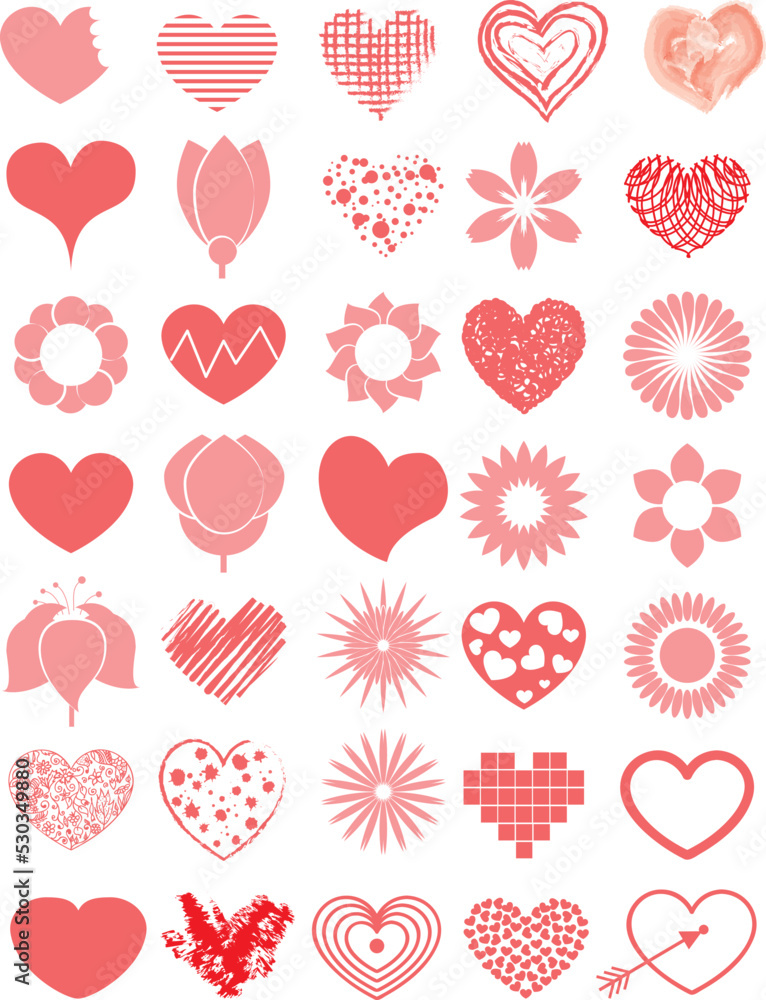 Heart Symbol Vector Red Shapes Collection Of Various Flat Icons Isolated On Light Background. Valentines Day Assorted Different Hearts Graphic Love Symbol Design Elements Set.