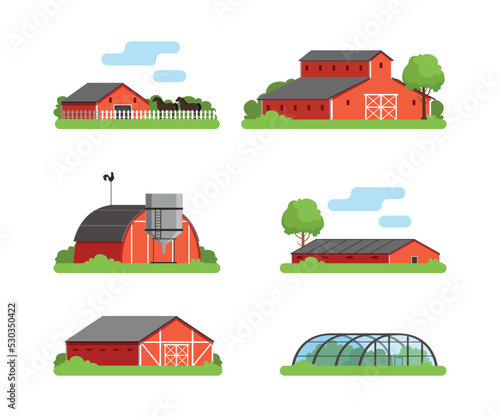 Red Timbered Farm Building and Infrastructure Rested on Green Lawn Vector Set