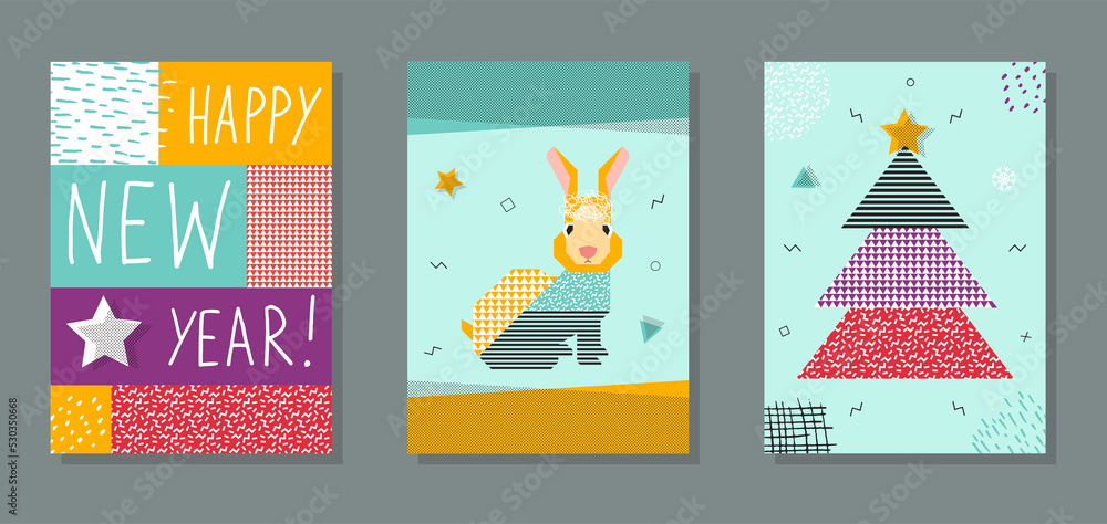 Happy New Year 2023. Set of  cards with the symbol of the Chinese New Year. Abstract modern illustration with rabbits. Graphic character. 