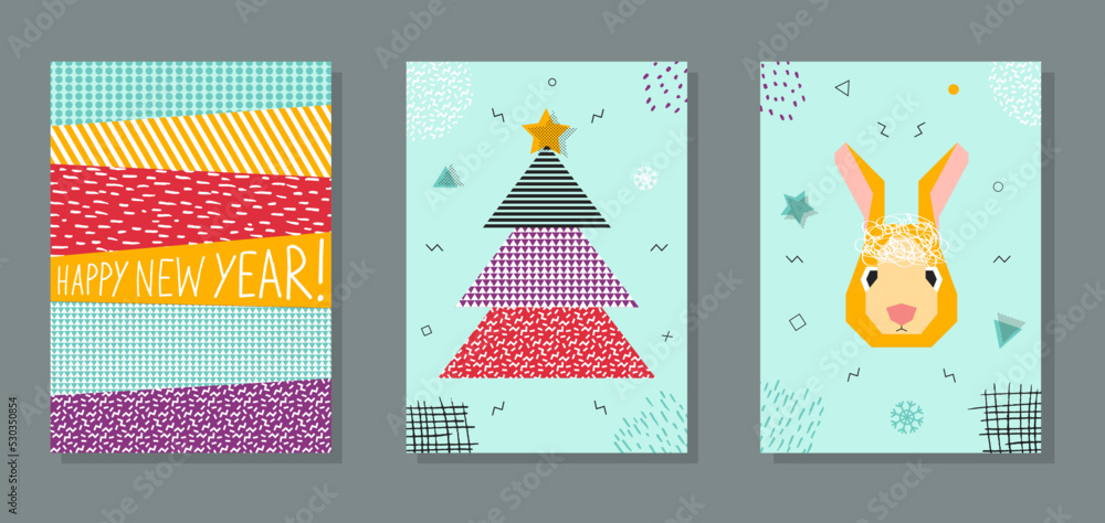 PrintHappy New Year 2023. Set of cards with the symbol of the Chinese New Year. Abstract modern illustration with rabbits. Graphic character. Vector illustration PrintHappy New Year 2023. Set of cards with the symbol of the Chinese New Year. Abstract modern illustration with rabbits. Graphic character. Vector illustration