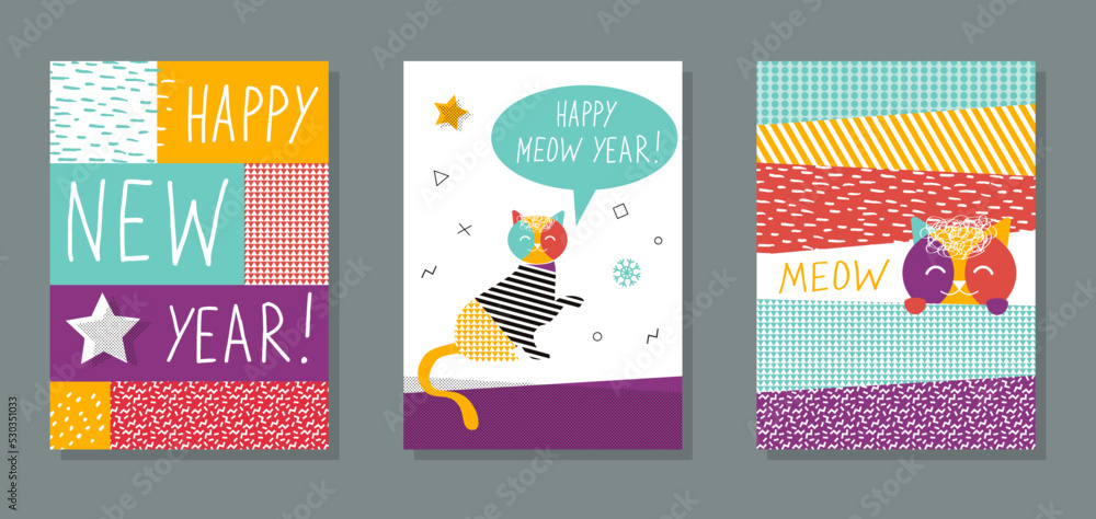 Happy New Year 2023. Set of  cards with cats. Abstract modern illustration. Graphic character. Vector illustration