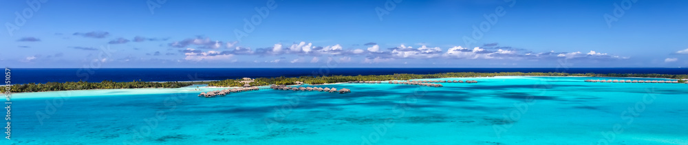 Panorama aerial view Luxury Overwater Bungalows Bora Bora