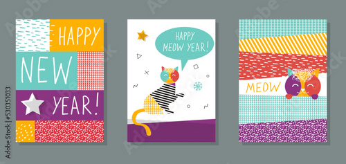 Happy New Year 2023. Set of cards with cats. Abstract modern illustration. Graphic character. Vector illustration