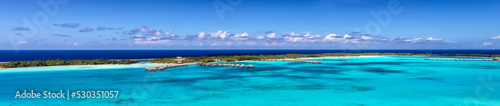 Panorama aerial view Luxury Overwater Bungalows Bora Bora