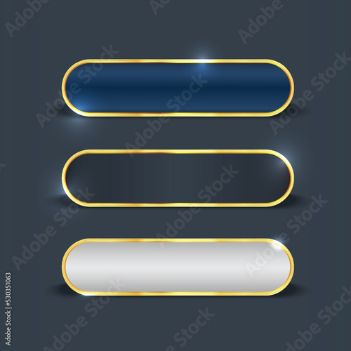 Gold Framed Buttons set. Gold web button of different gradient styles with frames and shine light effect set 