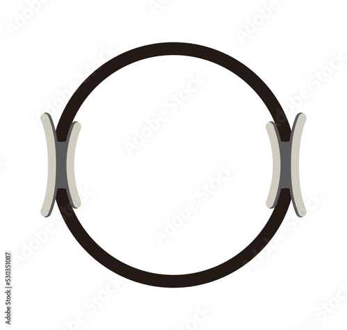 Representative Pilates exercise equipment with a circular ring shape and handle. A plastic device that uses resistance to exercise muscles.