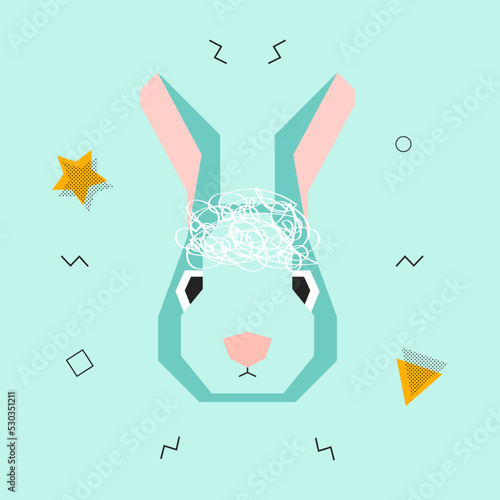 Rabbit head in Memphis style. Abstract modern illustration of simple shapes. New Year card. Symbol of 2023. Cute character. Vector illustration.