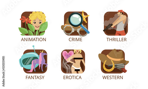 Movie Genre with Animation, Crime, Thriller, Fantasy, Erotica and Western Image Vector Set