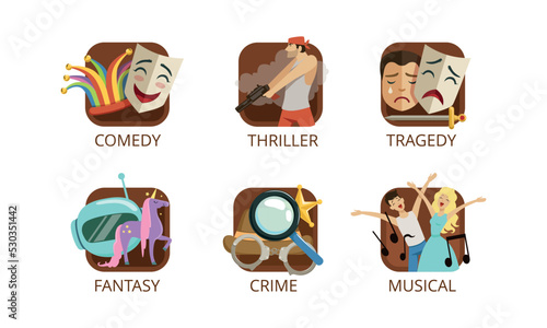 Movie Genre with Comedy, Thriller, Tragedy, Fantasy, Crime and Musical Image Vector Set