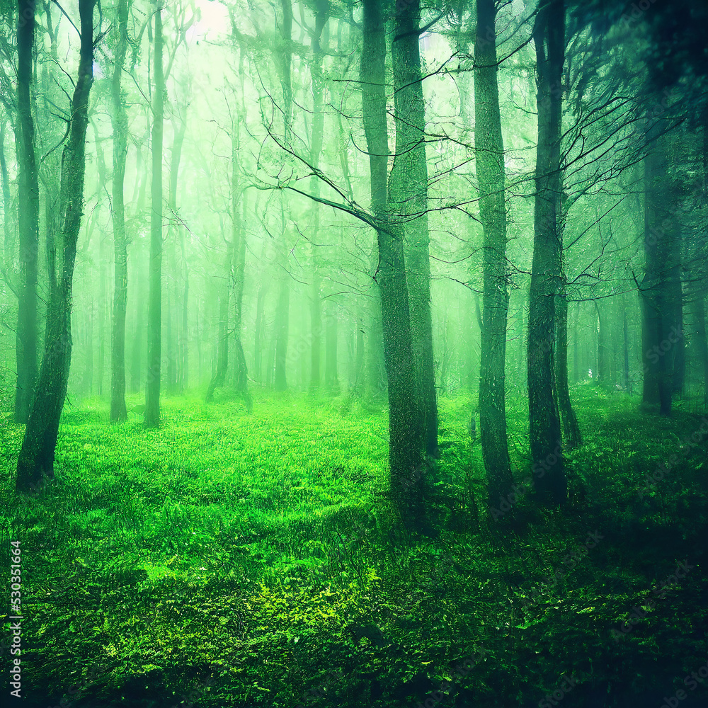 Obraz premium Forest of fresh green deciduous trees