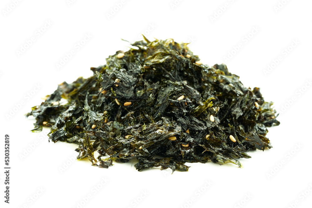 roasted nori seaweed and sesame topping isolated on white background. nori laver seaweed crispy isolated on white background. Gim, laver, nori, isolated roasted nori seaweed and sesame topping isolated on white background. nori laver seaweed crispy isolated on white background. Gim, laver, nori, isolated