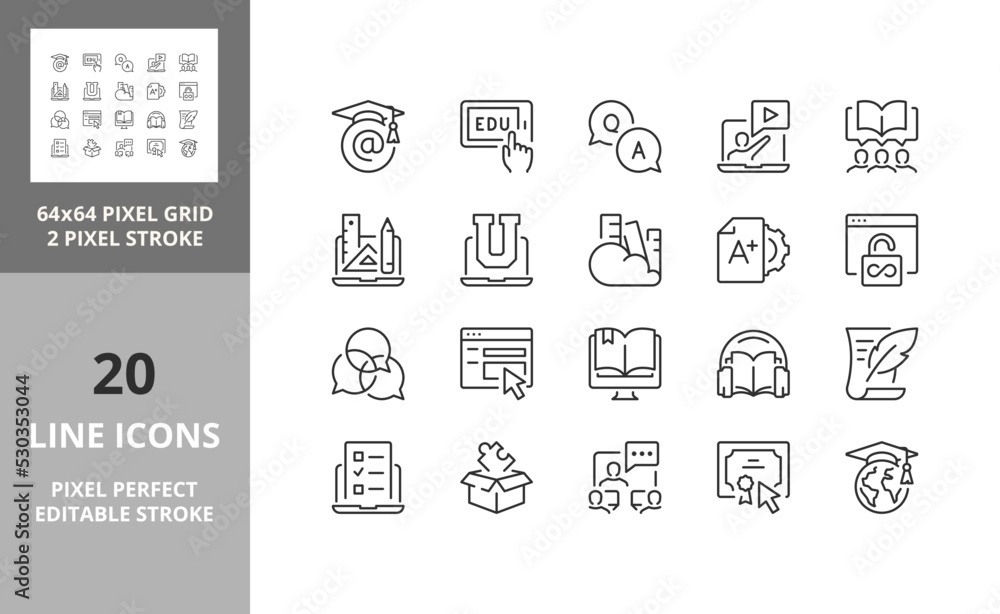elearning icons 64px and 256px editable vector set