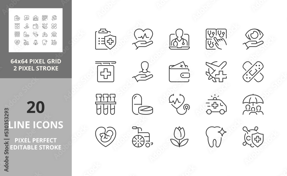 health insurance icons 64px and 256px editable vector set