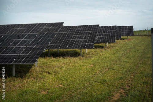 Generating clean energy with solar panels in a large park in Germany Bavaria. Renewable energy through solar panels to generate clean energy.