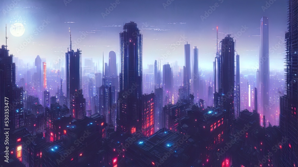 Abstract night neon city, skyscrapers, neon light, signboards, lights, reflection. Futuristic modern street background. Dark street. 3D illustration