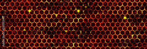Texture of volcanic lava with honeycomb stones top view. Hot magma surface. Broken ground with liquid fire. Abstract vector background. Cracked earth. Volcano eruption wallpaper