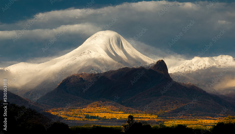 Mount tupungato snowy peak trees field cloud sky