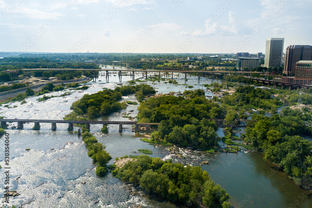 Richmond Virginia Manchester Aerial Drone Skyline View of James River With Bridges