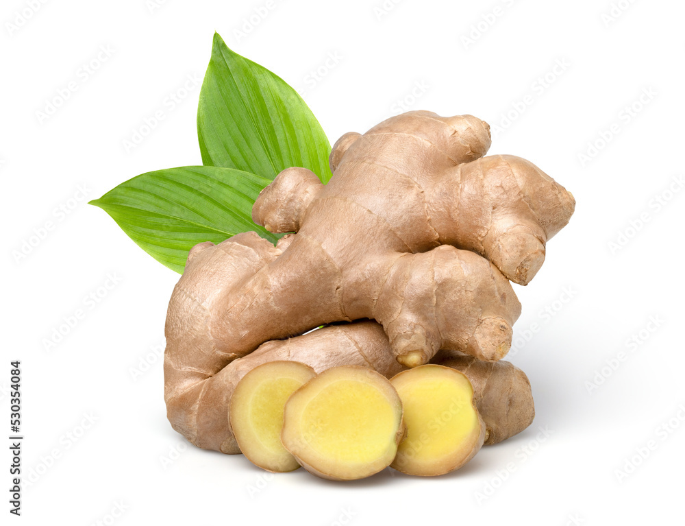 Fototapeta premium Close up, Fresh ginger rhizome with sliced and green leaves isolated on white background